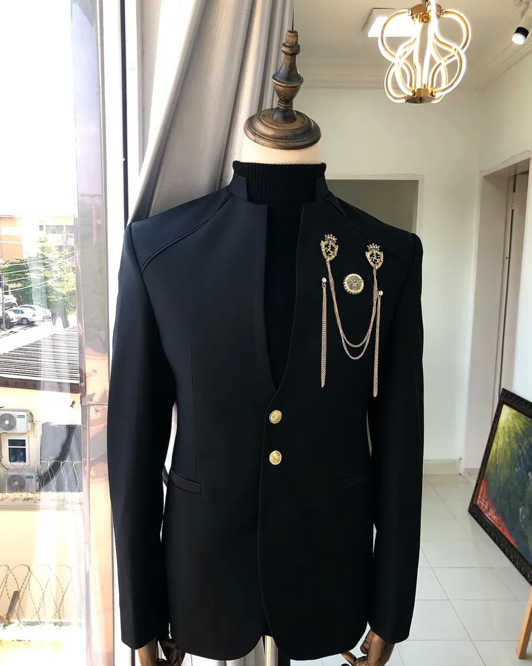 A Charcoal Black reloaded “7th Battalion” Suit with gold adornment