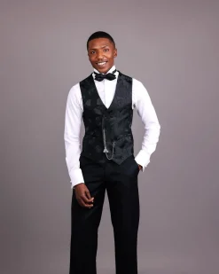 A Charcoal Black, Root & Scattered Shape Jacquard Half Double Breasted Waistcoat.