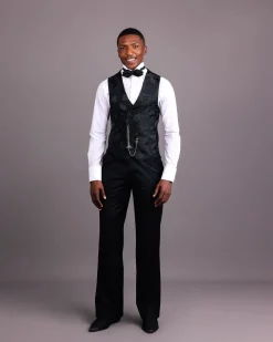 A Charcoal Black, Root & Scattered Shape Jacquard Half Double Breasted Waistcoat.