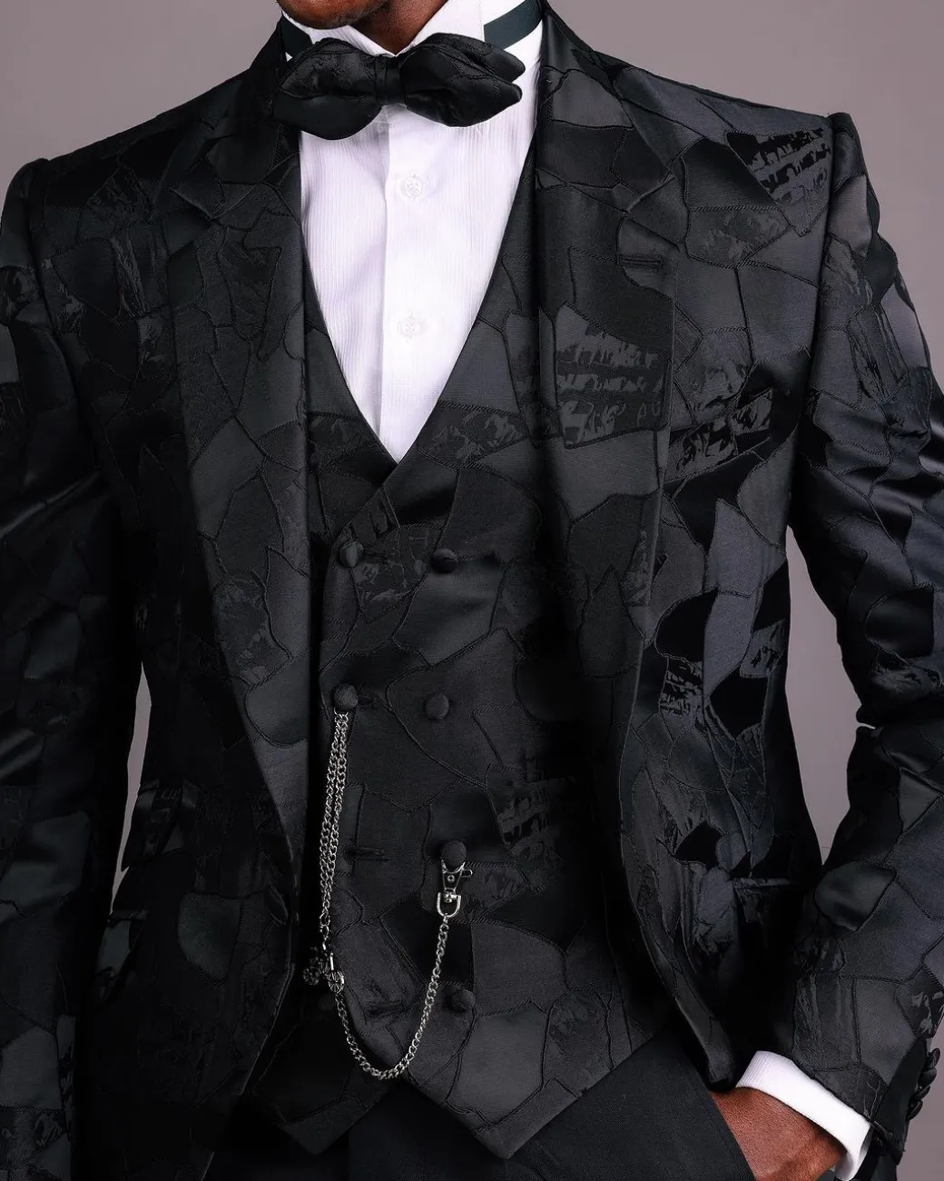 A Charcoal Black, Root and Scattered Shape Jacquard Notch Lapel Suit