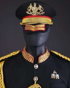 A Charcoal Black, Safari Military Jacket Attire with Hand-Knitted Metallic Wire Embroidery