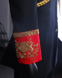A Charcoal Black, Safari Military Jacket Attire with Hand-Knitted Metallic Wire Embroidery