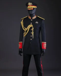 A Charcoal Black, Safari Military Jacket Attire with Hand-Knitted Metallic Wire Embroidery