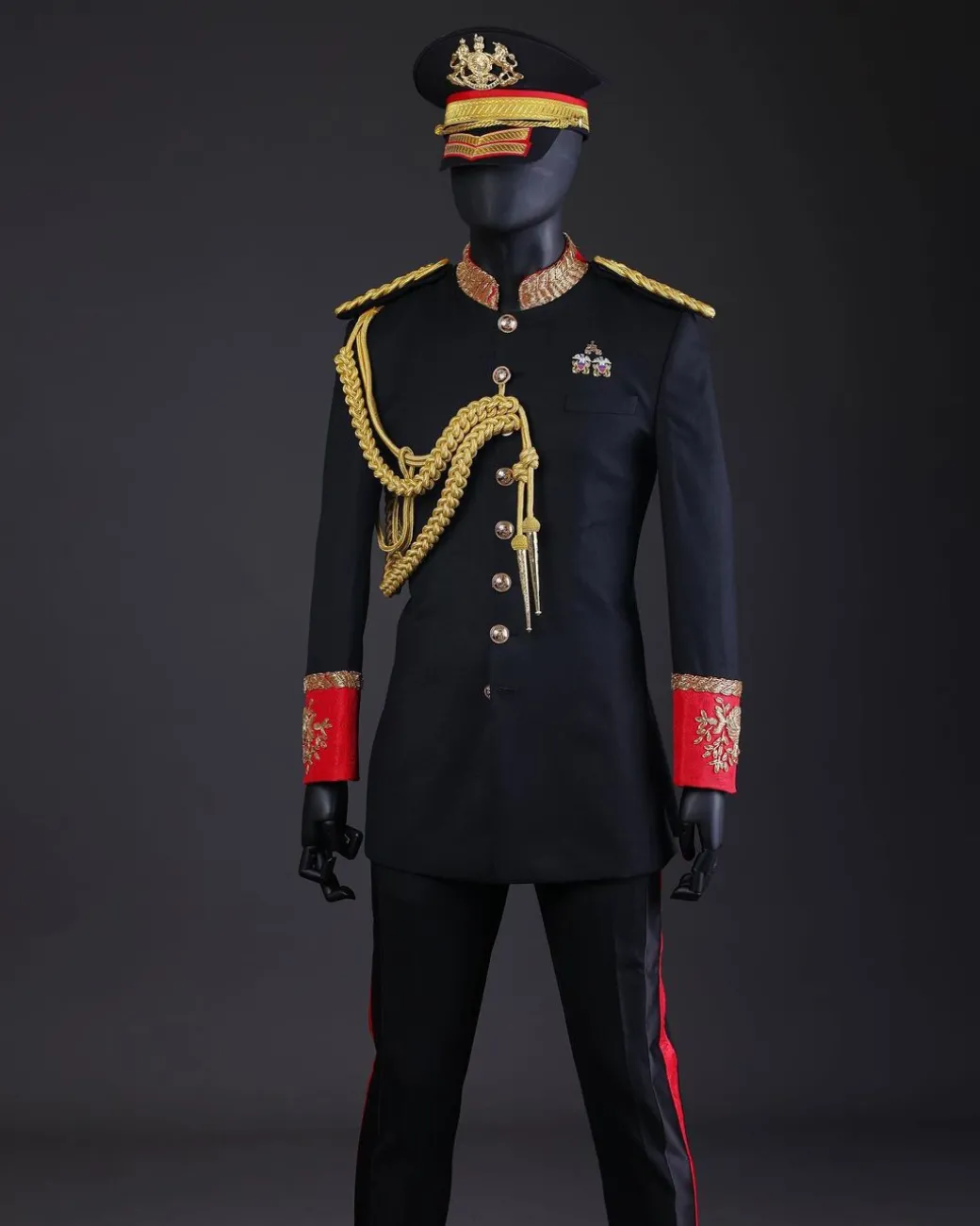 A Charcoal Black, Safari Military Jacket Attire with Hand-Knitted Metallic Wire Embroidery