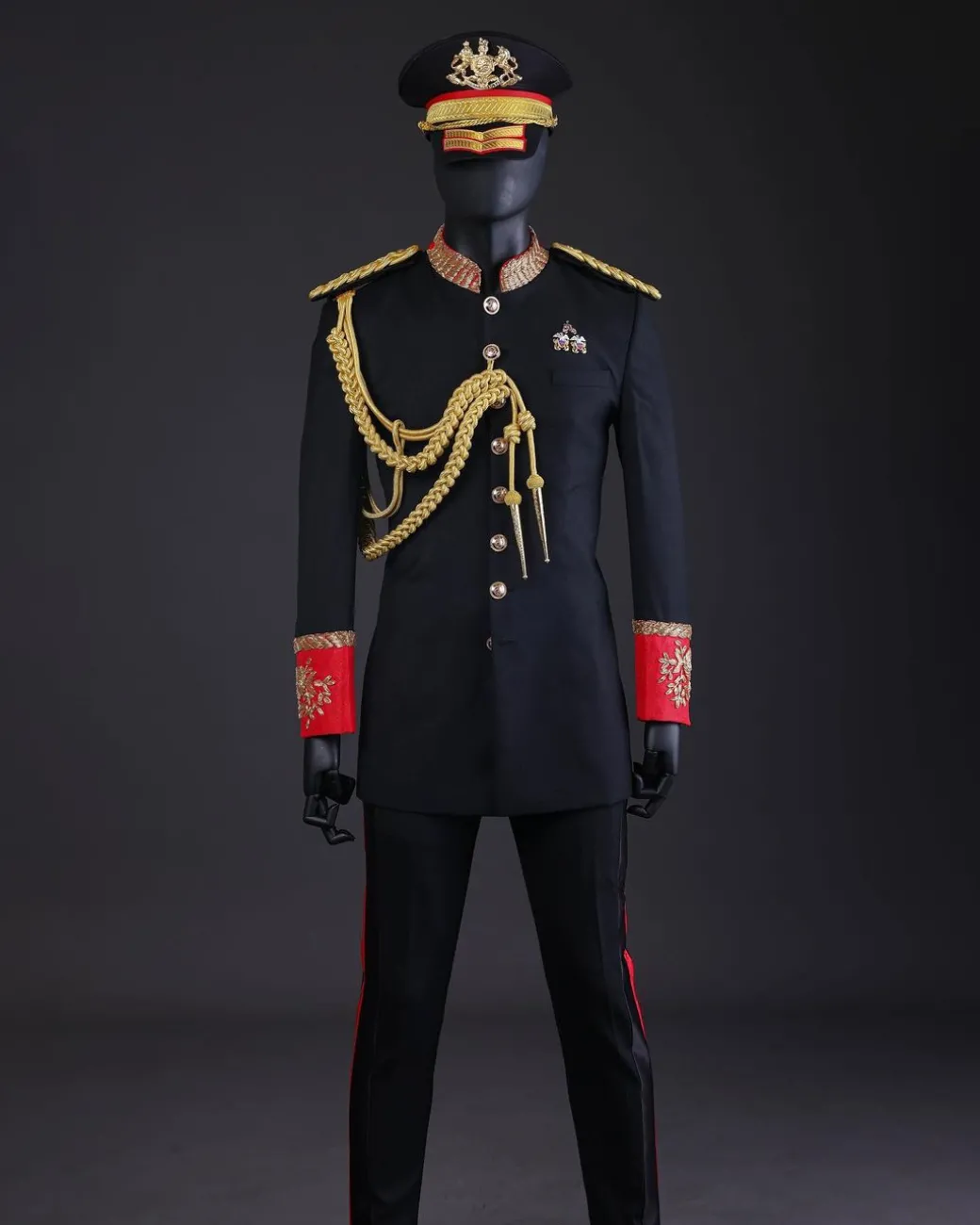 A Charcoal Black, Safari Military Jacket Attire with Hand-Knitted Metallic Wire Embroidery