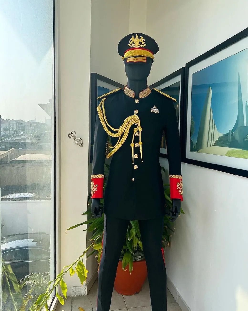 A Charcoal Black, Safari Military Jacket Attire with Hand-Knitted Metallic Wire Embroidery