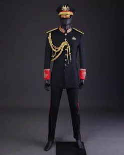 A Charcoal Black, Safari Military Jacket Attire with Hand-Knitted Metallic Wire Embroidery