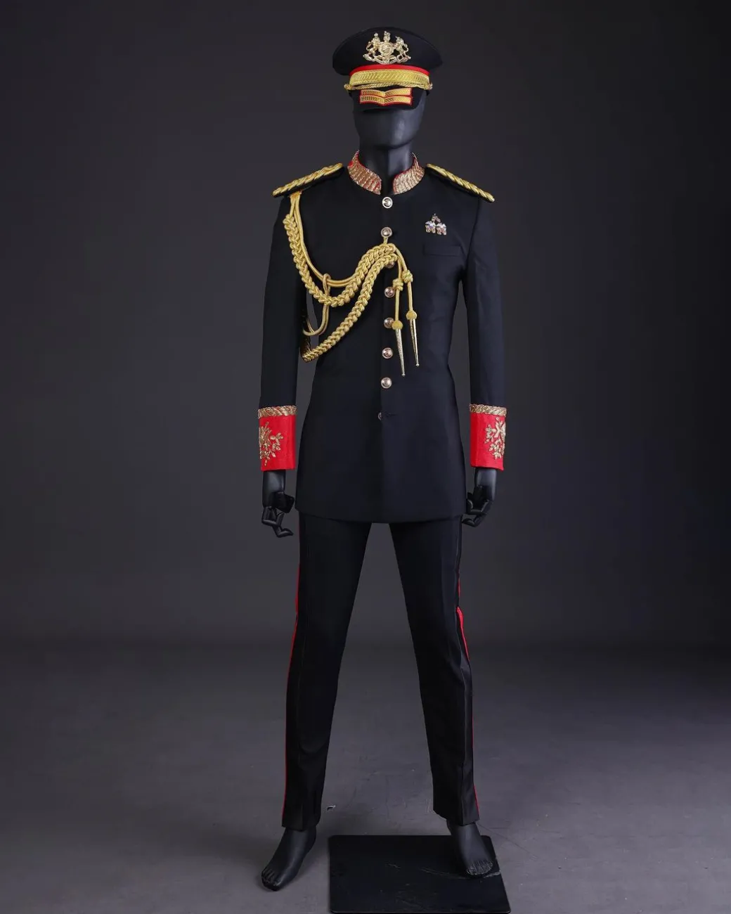 A Charcoal Black, Safari Military Jacket Attire with Hand-Knitted Metallic Wire Embroidery