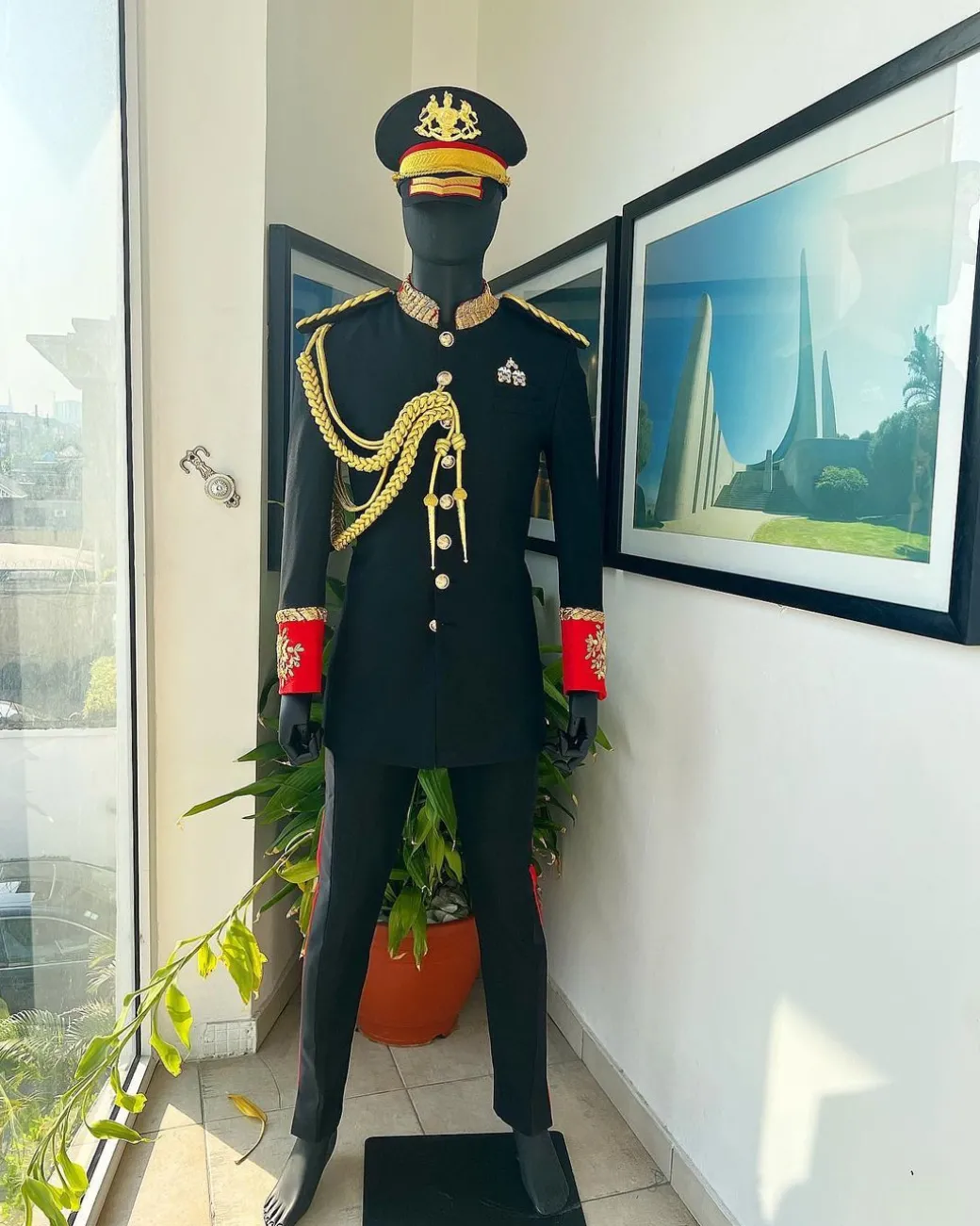 A Charcoal Black, Safari Military Jacket Attire with Hand-Knitted Metallic Wire Embroidery