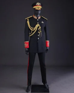 A Charcoal Black, Safari Military Jacket Attire with Hand-Knitted Metallic Wire Embroidery