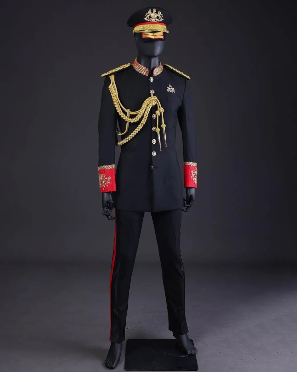 A Charcoal Black, Safari Military Jacket Attire with Hand-Knitted Metallic Wire Embroidery