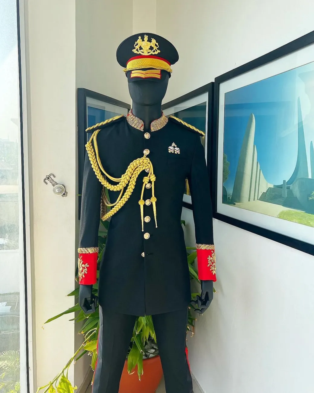 A Charcoal Black, Safari Military Jacket Attire with Hand-Knitted Metallic Wire Embroidery