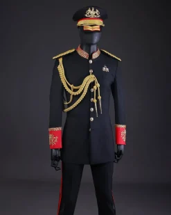 A Charcoal Black, Safari Military Jacket Attire with Hand-Knitted Metallic Wire Embroidery