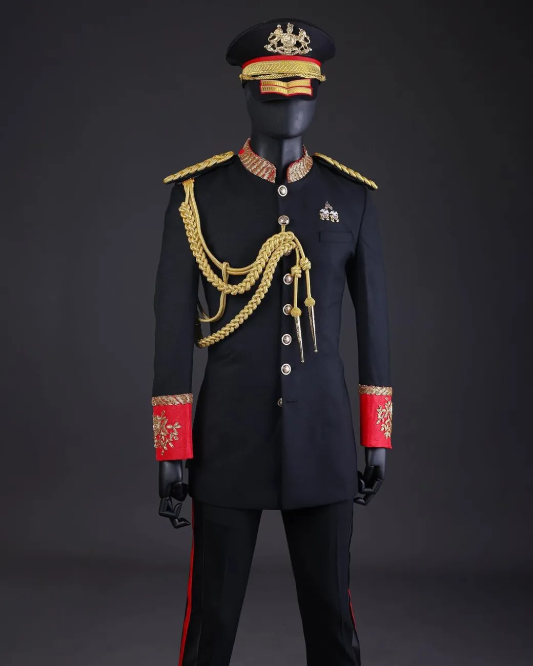 A Charcoal Black, Safari Military Jacket Attire with Hand-Knitted Metallic Wire Embroidery