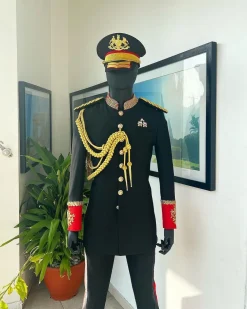 A Charcoal Black, Safari Military Jacket Attire with Hand-Knitted Metallic Wire Embroidery