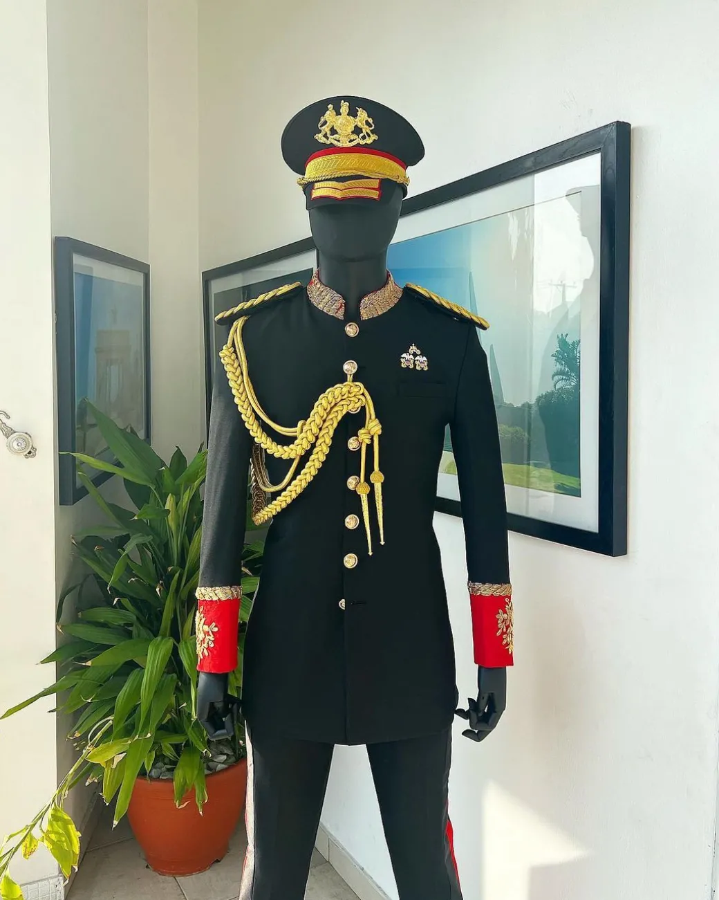 A Charcoal Black, Safari Military Jacket Attire with Hand-Knitted Metallic Wire Embroidery