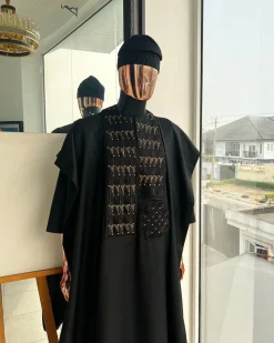 A Charcoal black, separated square in triangle embroidery details agbada