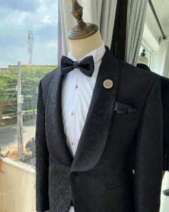 A Charcoal Black Shawl Lapel Jacquard Tuxedo Suit
