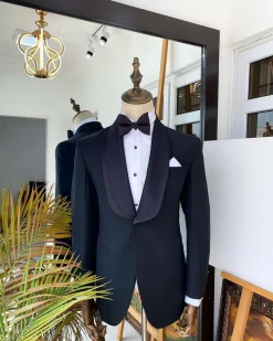 A Charcoal black Shawl lapel tuxedo suit with black jacquard detailing