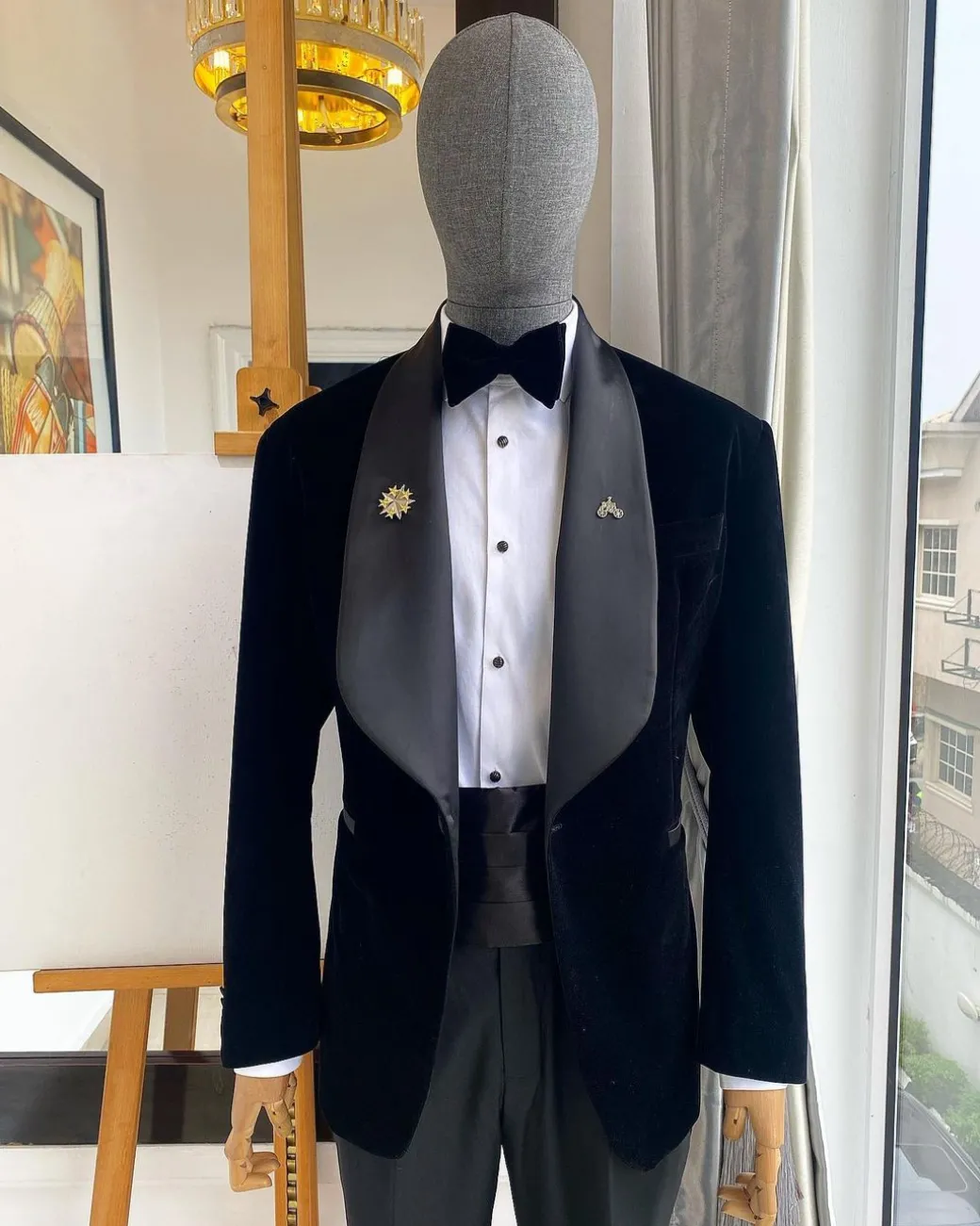 A Charcoal Black Shawl Lapel Soaked Italian Velvet Tuxedo Suit