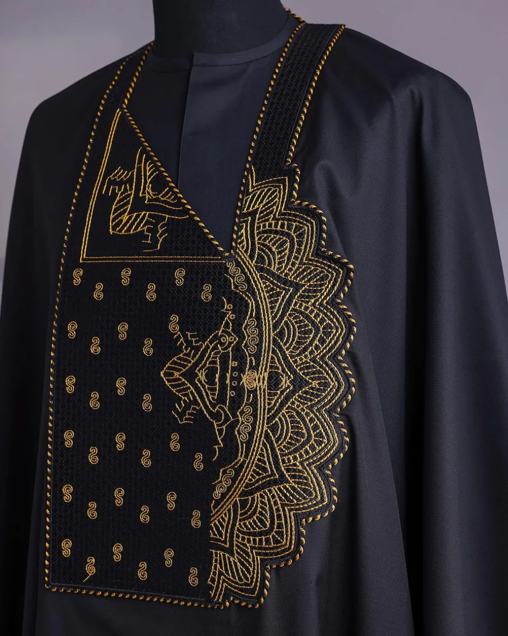 A Charcoal Black, Side Pagoda Embroidery Details Agbada