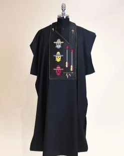 A Charcoal Black, skull And Arrow Metallic Wire Embroidery Gold And Silver Swarovski Stone Details Agbada