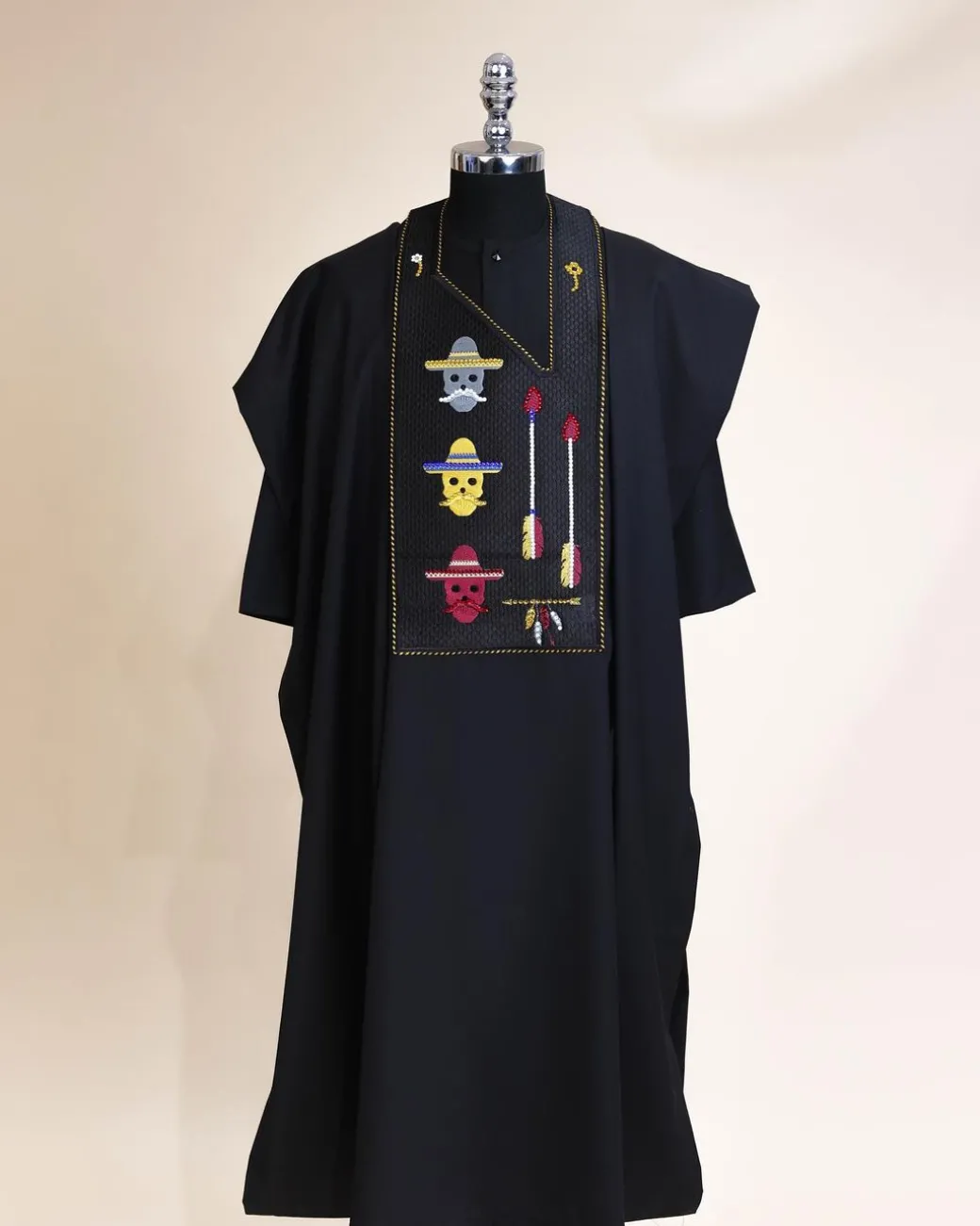 A Charcoal Black, skull And Arrow Metallic Wire Embroidery Gold And Silver Swarovski Stone Details Agbada