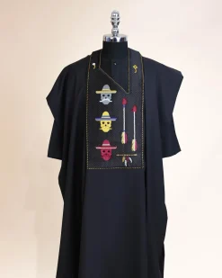 A Charcoal Black, skull And Arrow Metallic Wire Embroidery Gold And Silver Swarovski Stone Details Agbada