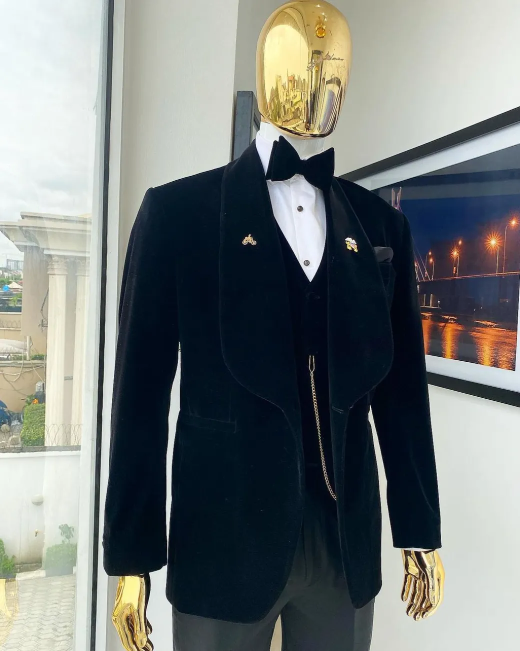 A Charcoal Black Soaked Velvet Tuxedo Suit