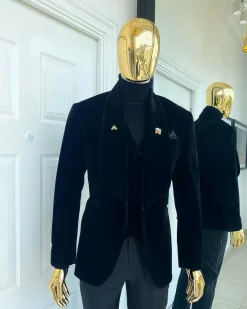 A Charcoal Black, Soaked Velvet Shawl Lapel Tuxedo Suit