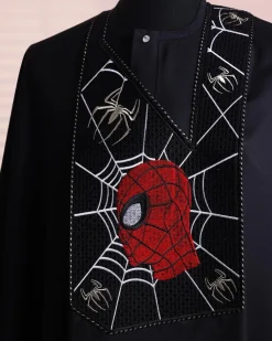 A charcoal black, “Spider-Man” embroidery details agbada, 3/4 sleeve kaftan & sokoto