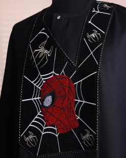 A charcoal black, “Spider-Man” embroidery details agbada, 3/4 sleeve kaftan & sokoto