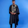 A Charcoal Black, Spiral & Floral Embroidery Details Agbada