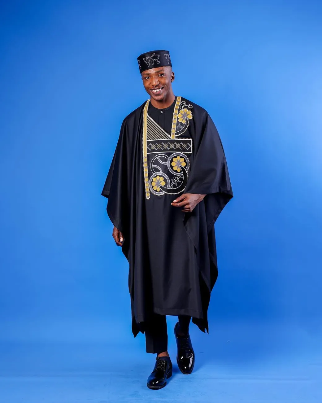 A Charcoal Black, Spiral & Floral Embroidery Details Agbada