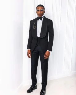 A Charcoal Black, Square Patterned jacquard shawl lapel tuxedo suit