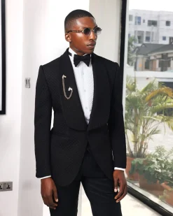 A Charcoal Black, Square Patterned jacquard shawl lapel tuxedo suit