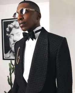 A Charcoal Black, Square Patterned jacquard shawl lapel tuxedo suit