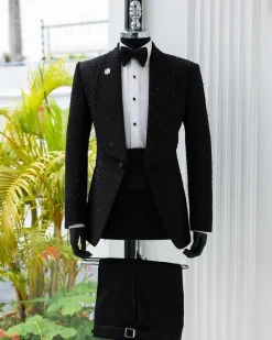 A Charcoal Black Square-Patterned Jacquard Shawl Lapel Tuxedo Suit