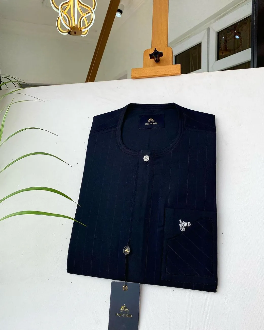 A Charcoal Black stripe with an inverted travelling pocket Senator kaftan and Sokoto