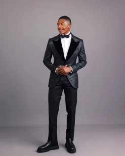 A Charcoal Black, Stuffed Or Slanted Square-Patterned Jacquard Peak lapel Tuxedo Suit