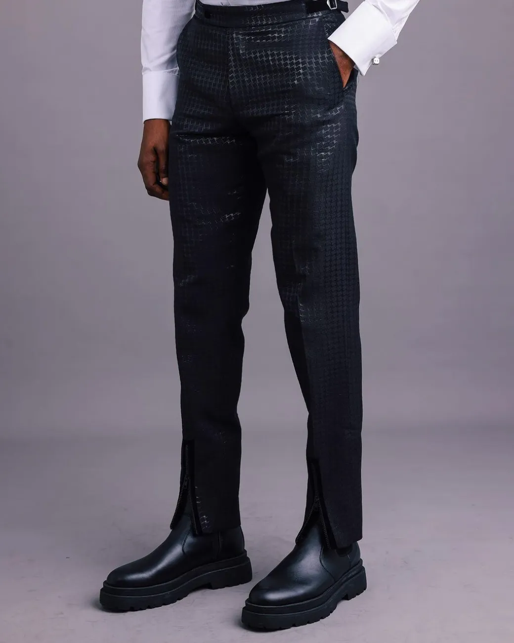 A Charcoal Black, Stuffed Or Slanted Square-Patterned Jacquard Peak lapel Tuxedo Suit