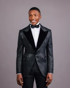 A Charcoal Black, Stuffed Or Slanted Square-Patterned Jacquard Peak lapel Tuxedo Suit