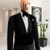 A Charcoal Black, stuffed/slanted Square Patterned jacquard peak lapel tuxedo suit