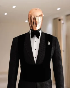 A Charcoal Black, stuffed/slanted Square Patterned jacquard peak lapel tuxedo suit