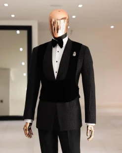 A Charcoal Black, stuffed/slanted Square Patterned jacquard peak lapel tuxedo suit