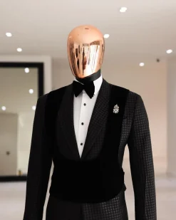 A Charcoal Black, stuffed/slanted Square Patterned jacquard peak lapel tuxedo suit