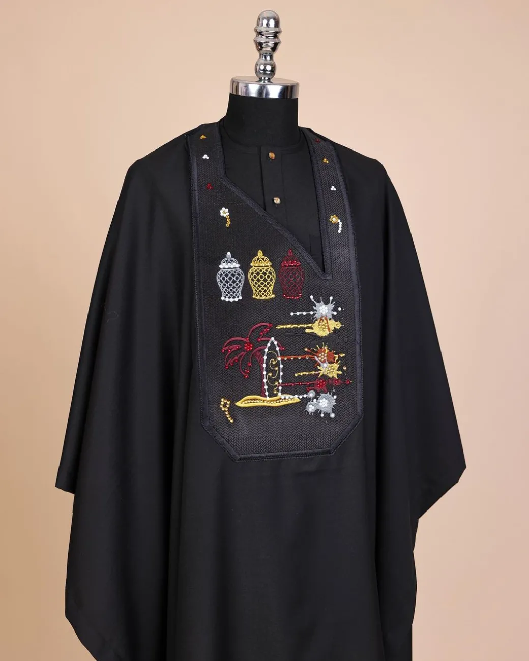 A Charcoal Black, Summer Palm Tree, Pastle Paint Splatter Silver Swarovski Stone Details Agbada