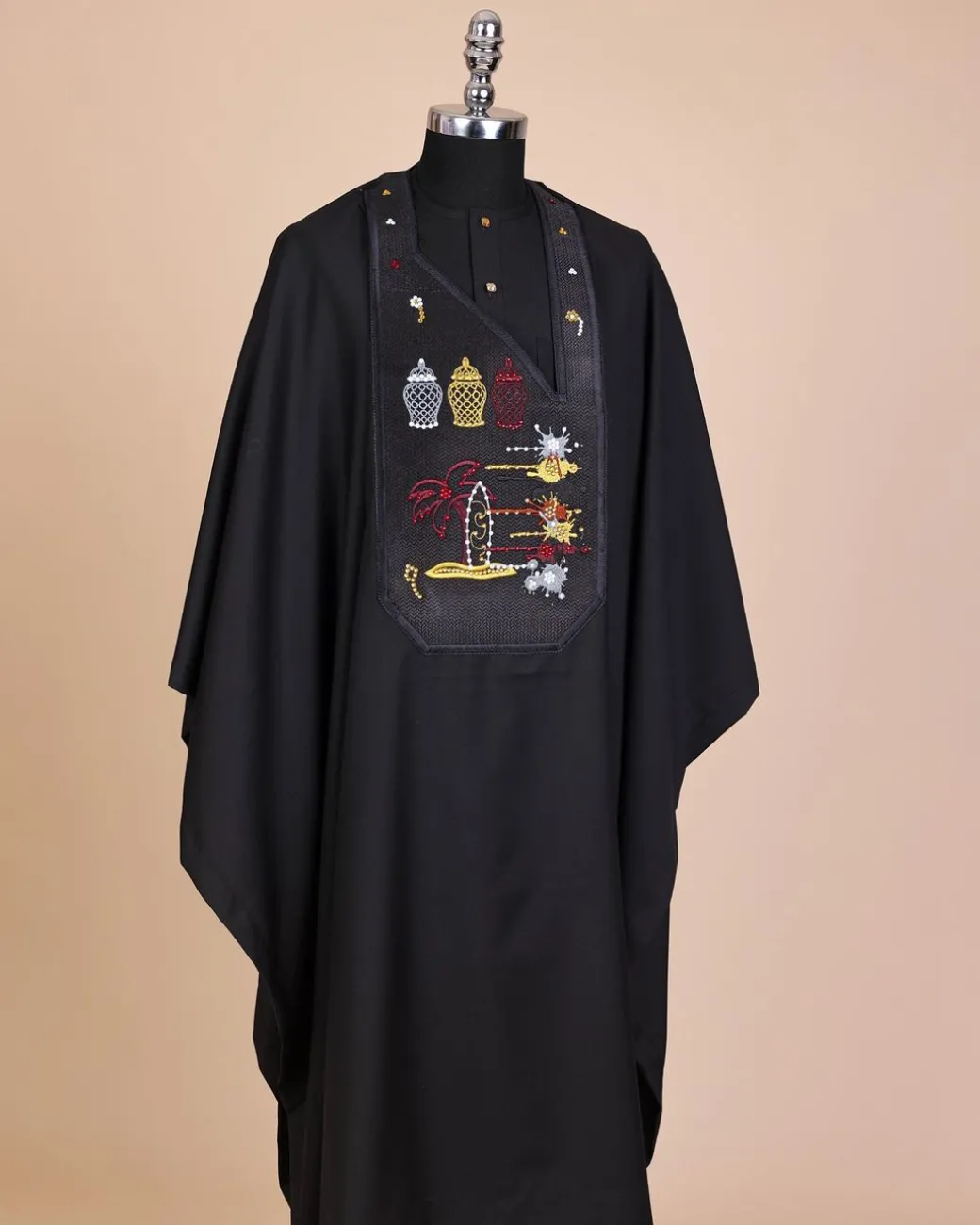 A Charcoal Black, Summer Palm Tree, Pastle Paint Splatter Silver Swarovski Stone Details Agbada