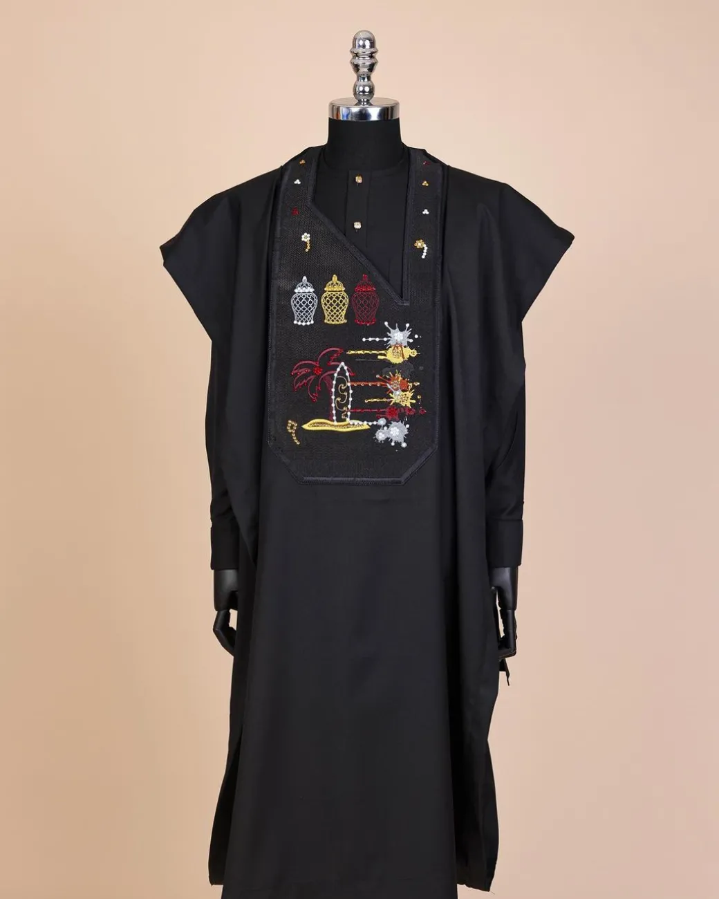 A Charcoal Black, Summer Palm Tree, Pastle Paint Splatter Silver Swarovski Stone Details Agbada