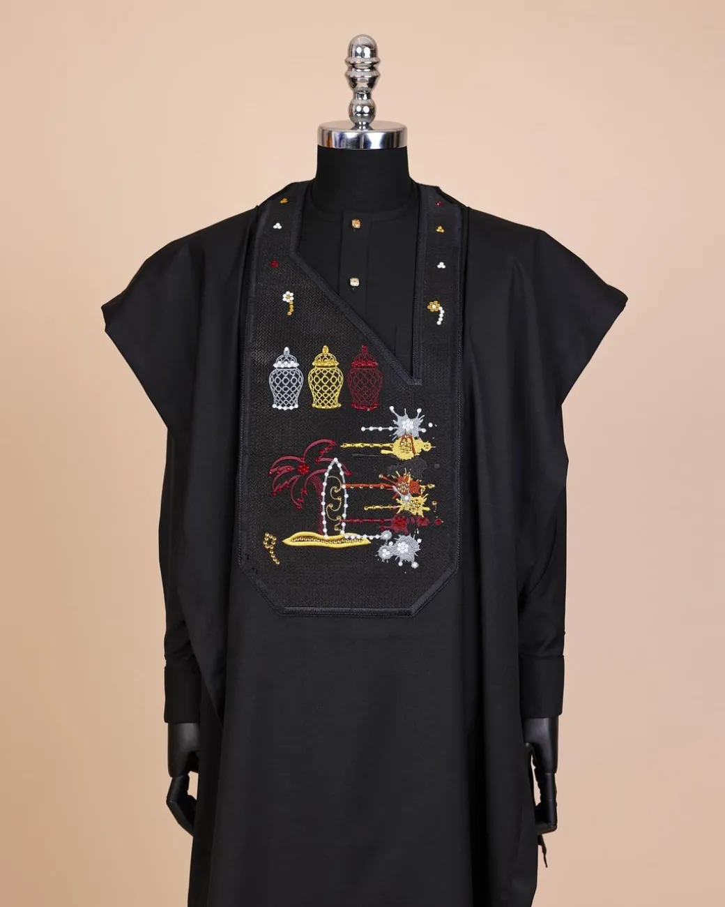 A Charcoal Black, Summer Palm Tree, Pastle Paint Splatter Silver Swarovski Stone Details Agbada